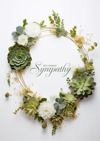 Succulent wreath with white flowers and gold accents frames With deepest Sympathy on white background.