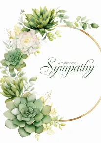Watercolor succulent wreath with gold circle and the words With deepest Sympathy on white background.