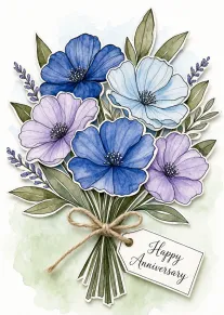 Watercolor bouquet of blue and purple flowers with Happy Anniversary tag and twine bow centered.