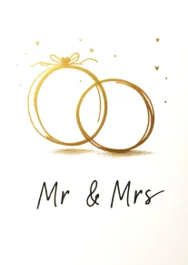 Two gold wedding rings with hearts above and Mr and Mrs text on white background.