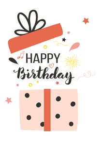 A gift box with confetti and stars above the words Happy Birthday on white background.