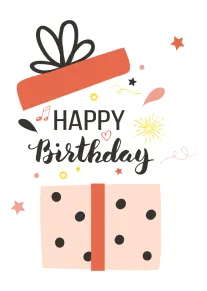 A gift box with confetti and stars above the words Happy Birthday on white background.