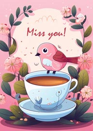 Cute pink bird perched on tea cup with miss you message