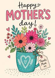 Happy Mother's Day Card with Flowers in Blue Mug and Heart Tag