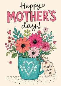 Floral mug card reading Happy Mother's Day with Thanks Mum xx in cheerful hand-drawn style.
