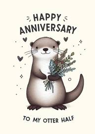 Cute Otter Holding Flowers Happy Anniversary Card