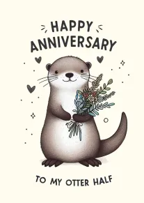 Otter holding flowers with Happy Anniversary and to my otter half text on cream background.