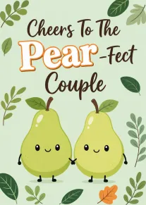 Two smiling pears hold hands beneath leafy branches with text Cheers To The Pear-fect Couple.
