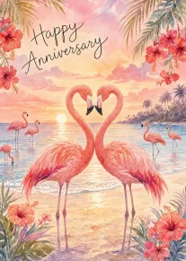 Watercolor flamingos form a heart on a tropical beach at sunset with Happy Anniversary text.