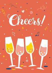Coral card with four champagne glasses, confetti, and large Cheers! text in white script lettering.