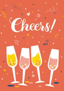 Coral card with four champagne glasses, confetti, and large Cheers! text in white script lettering.