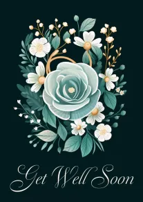 Teal floral bouquet with white blossoms and Get Well Soon wording on dark background.