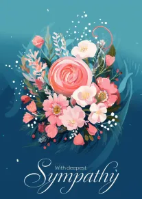 Elegant Floral Bouquet Card With Deepest Sympathy on Blue Background
