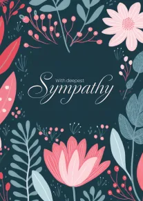 Dark floral sympathy card with pink blooms and the message With deepest Sympathy in script.