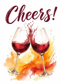 Two wine glasses clink with red splash over watercolor splashes and the word Cheers above.