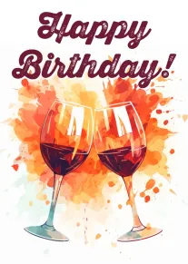 Happy Birthday card with two wine glasses and bright orange watercolor splashes on white background.