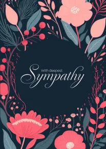 Elegant floral sympathy card with navy background and the words With deepest Sympathy in pink.
