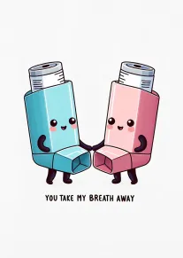 Two cute inhalers in blue and pink hold hands with you take my breath away.