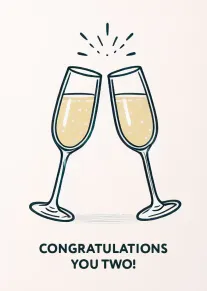 Two champagne flutes clink together above the words Congratulations You Two on a soft background.