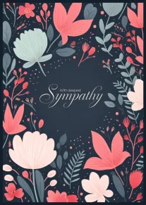 Dark floral sympathy card with coral and blush flowers and the words With deepest Sympathy.