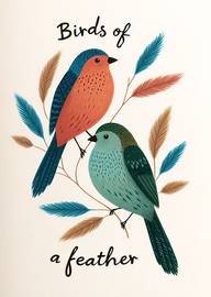 Two colorful birds perched on branches with feathers and text