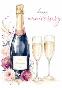 Watercolor champagne bottle and flutes with floral accents and happy anniversary lettering on white background.