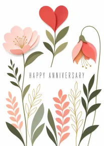 Paper cut flowers in pink, coral and green with Happy Anniversary text on white background.