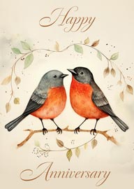 Watercolor Illustration of Two Birds on Branch Happy Anniversary Card