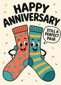 Cute cartoon socks hug under Happy Anniversary text with a perfect pair speech bubble.