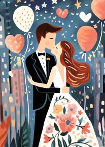 Bride and groom kiss beneath heart balloons in a dreamy city scene.