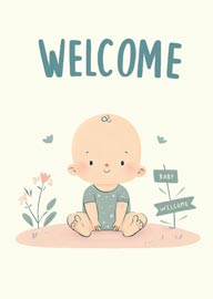 Cute Baby Sitting with Welcome Sign and Flowers Illustration