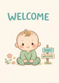 Smiling baby in green sleepsuit with welcome signs and flowers on a cream background illustration.