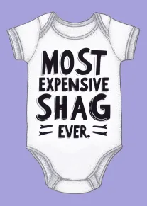 Baby Onesie Card Saying Most Expensive Shag Ever on Lilac