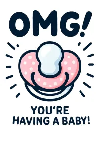 A pink pacifier illustration with OMG! You're Having a Baby! text on a white background.