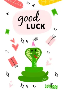 Cute green snake with party hat and good luck message surrounded by gifts and hearts.
