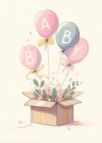 Pastel balloons spelling BABY rise from an open gift box filled with flowers and confetti.
