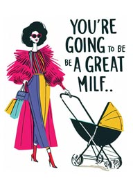 Stylish woman with shopping bags and pram humorous new mom card