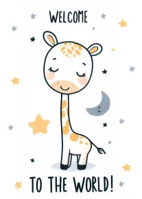 Cute giraffe with stars and moon says welcome to the world.