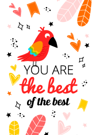 Bright colorful bird with hearts and feathers you are the best card