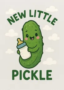 Cute pickle holding a baby bottle under clouds with New Little Pickle text on card.