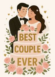 Elegant wedding card featuring bride and groom with floral cake