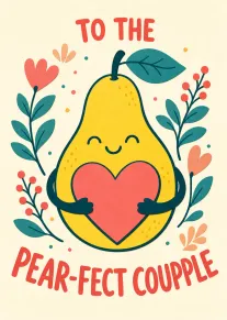 Cute pear holding heart for the pear-fect couple greeting card