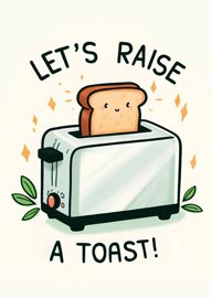 Cute toaster with smiling bread and punny celebration text