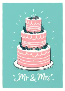 Pink tiered wedding cake with Mr & Mrs lettering design