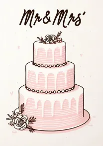 Pink three-tier wedding cake with flowers and Mr & Mrs lettering in elegant romantic style.