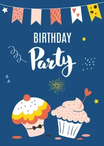 Blue birthday party card with cupcakes, bunting, confetti, stars, and bold Birthday Party wording throughout.