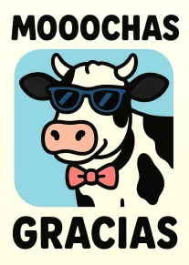 Funny cow card with Mooochas Gracias text and cool sunglasses