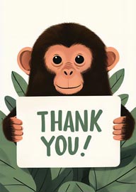 Cute monkey holding thank you sign with green leaves background