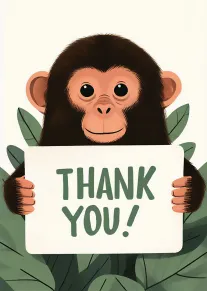 Cute monkey holding a thank you sign surrounded by leafy green foliage on cream background.