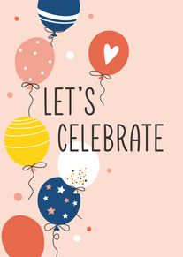 Pastel balloons and confetti surround the words Let's Celebrate on a soft pink background card.